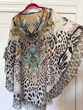 Embellished Animal Print Sheer Kaftan - White, Black & Gold